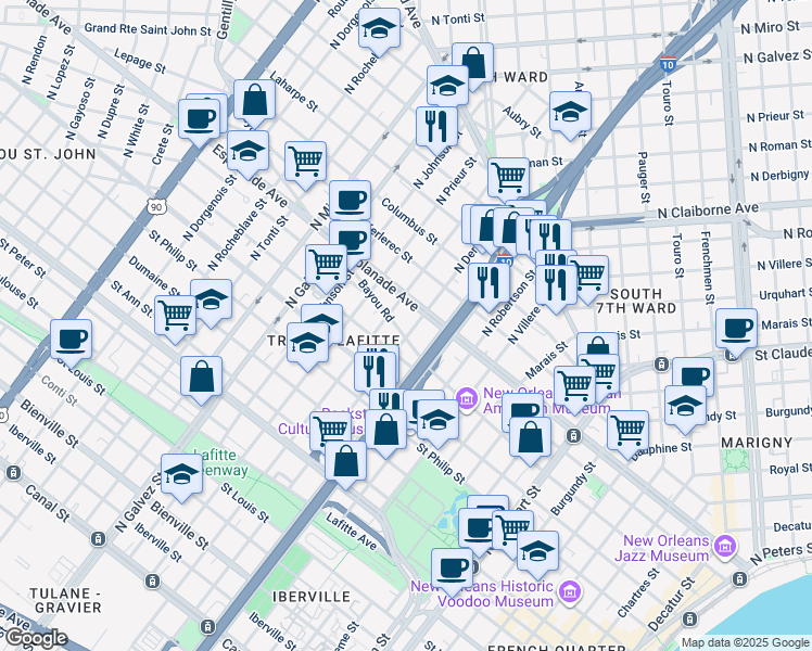 map of restaurants, bars, coffee shops, grocery stores, and more near 1301 North Derbigny Street in New Orleans