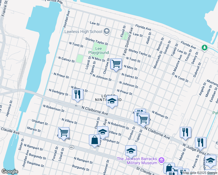 map of restaurants, bars, coffee shops, grocery stores, and more near 1925 Flood Street in New Orleans
