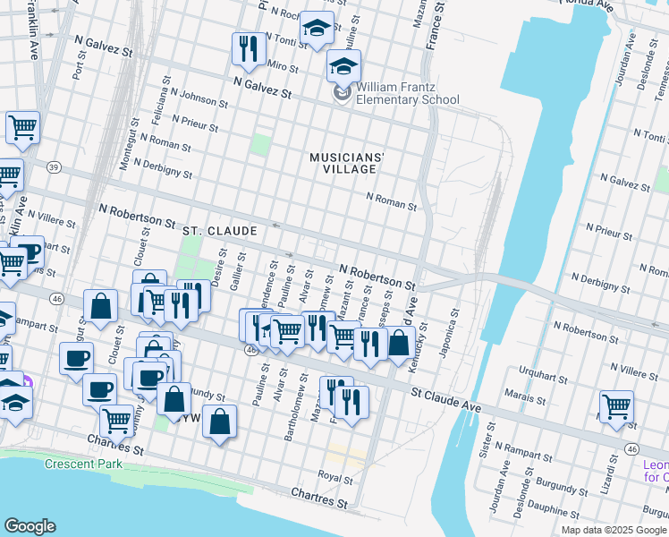 map of restaurants, bars, coffee shops, grocery stores, and more near 3925 North Robertson Street in New Orleans