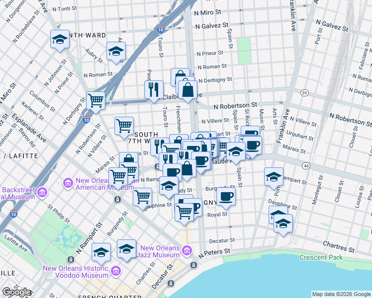 map of restaurants, bars, coffee shops, grocery stores, and more near 1222 Frenchmen Street in New Orleans