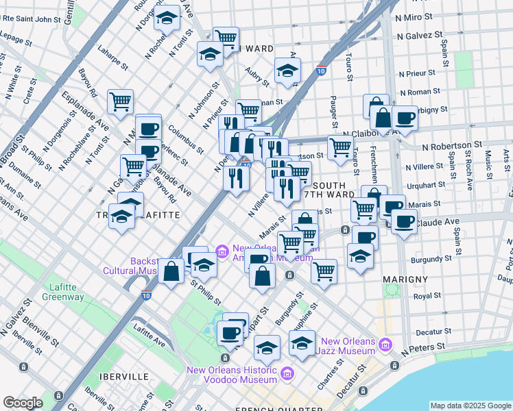 map of restaurants, bars, coffee shops, grocery stores, and more near 1418 Columbus Street in New Orleans