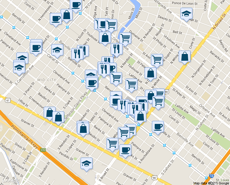 map of restaurants, bars, coffee shops, grocery stores, and more near 3219 Iberville Street in New Orleans