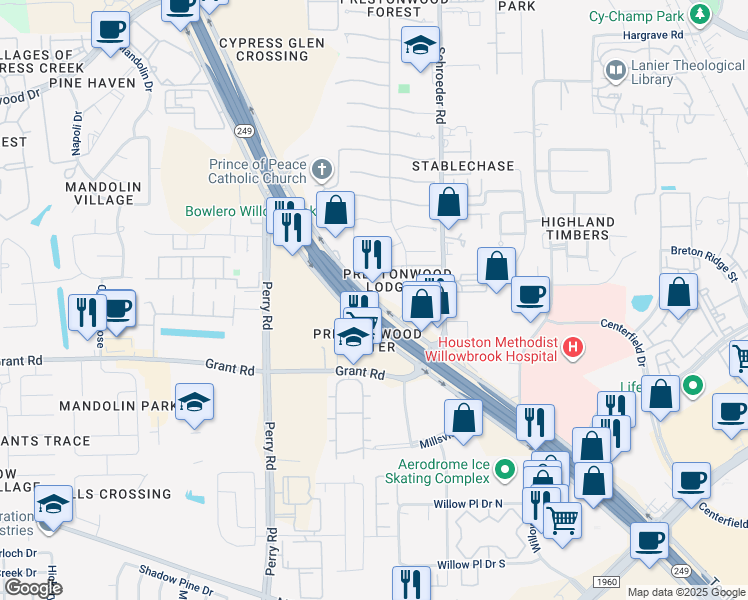 map of restaurants, bars, coffee shops, grocery stores, and more near 18830 Tomball Parkway in Houston
