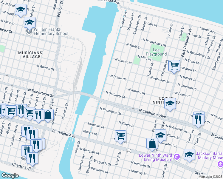 map of restaurants, bars, coffee shops, grocery stores, and more near 1717 Deslonde Street in New Orleans