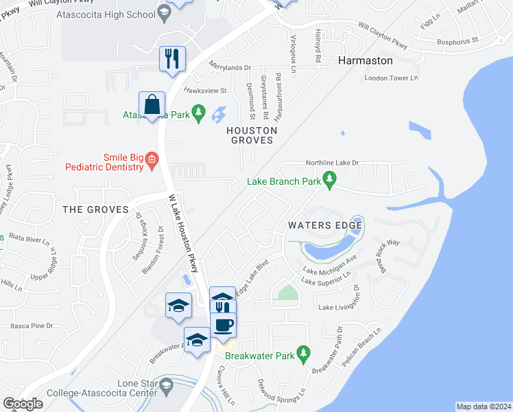 map of restaurants, bars, coffee shops, grocery stores, and more near 13310 Bomoseen Lake Road in Houston