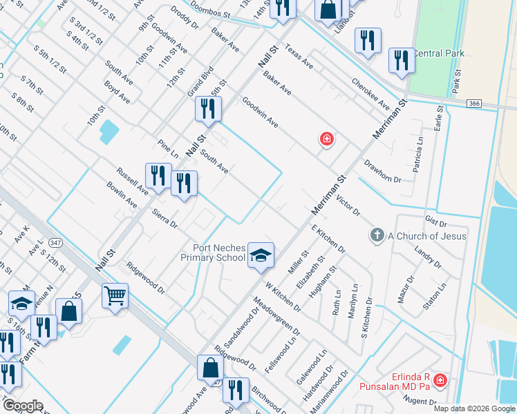 map of restaurants, bars, coffee shops, grocery stores, and more near 785 South Avenue in Port Neches