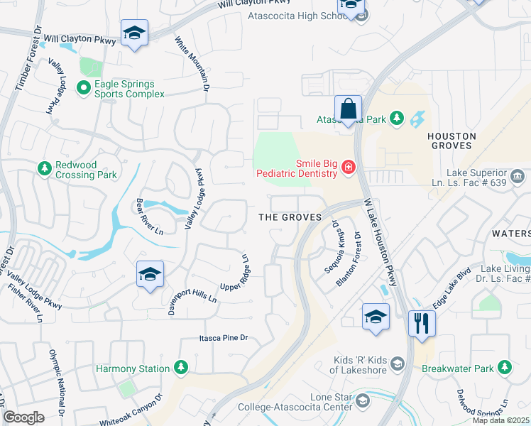 map of restaurants, bars, coffee shops, grocery stores, and more near 17530 Stoney Rise Lane in Humble