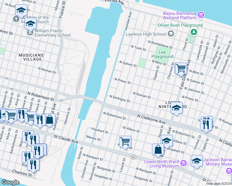 map of restaurants, bars, coffee shops, grocery stores, and more near 1717 Deslonde Street in New Orleans
