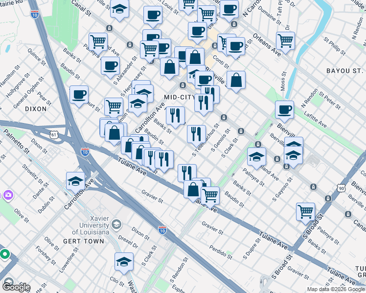 map of restaurants, bars, coffee shops, grocery stores, and more near 3816 Banks Street in New Orleans