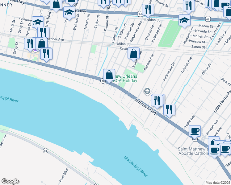 map of restaurants, bars, coffee shops, grocery stores, and more near 133 South Cumberland Street in River Ridge