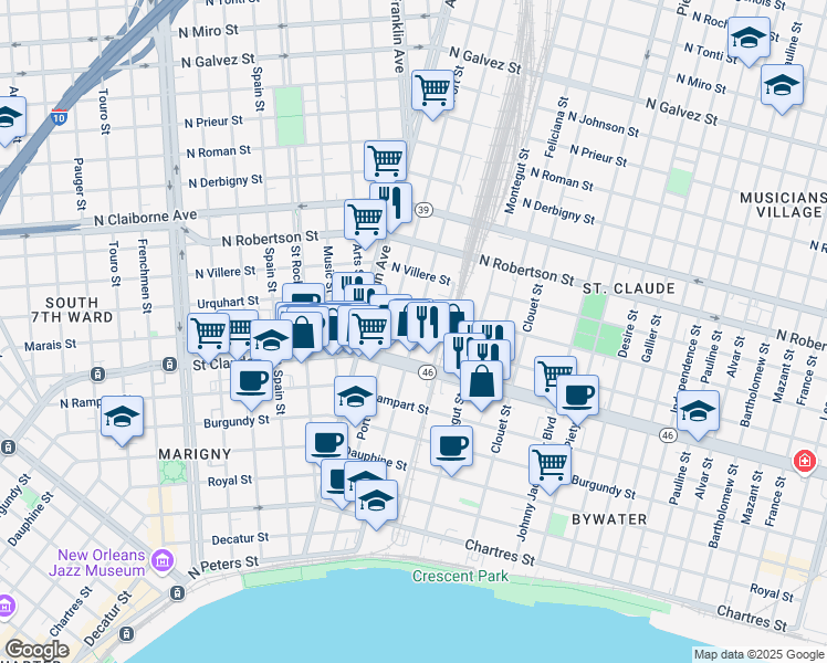 map of restaurants, bars, coffee shops, grocery stores, and more near 1222 Saint Ferdinand Street in New Orleans