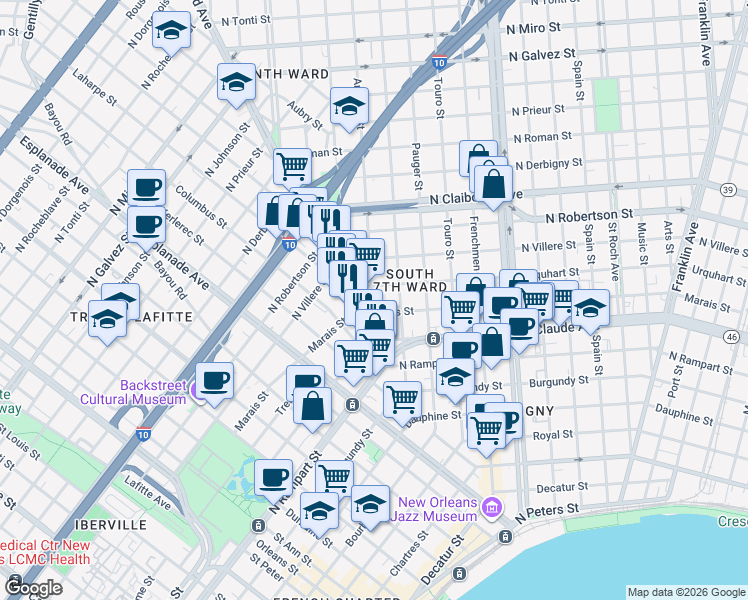map of restaurants, bars, coffee shops, grocery stores, and more near 1338 Annette Street in New Orleans