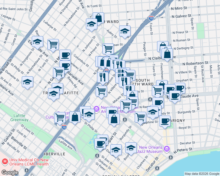 map of restaurants, bars, coffee shops, grocery stores, and more near 1418 Columbus Street in New Orleans