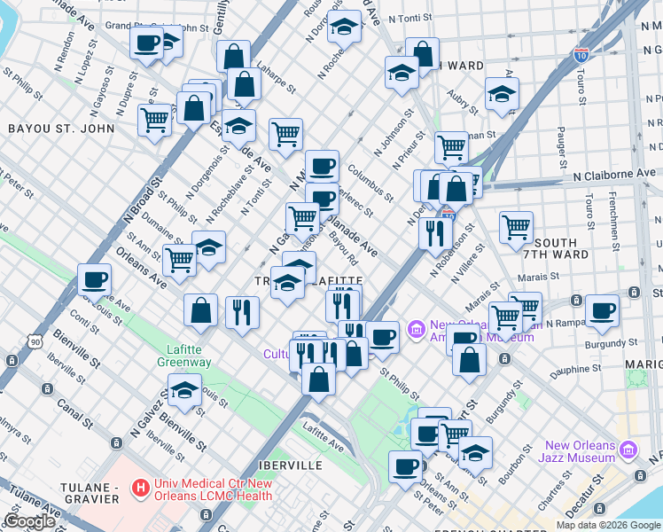 map of restaurants, bars, coffee shops, grocery stores, and more near 1216 North Prieur Street in New Orleans