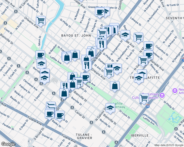 map of restaurants, bars, coffee shops, grocery stores, and more near 2630 Orleans Avenue in New Orleans