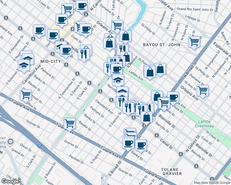 map of restaurants, bars, coffee shops, grocery stores, and more near 3219 Iberville Street in New Orleans