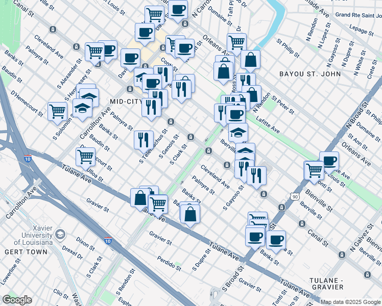 map of restaurants, bars, coffee shops, grocery stores, and more near 3402 Canal Street in New Orleans