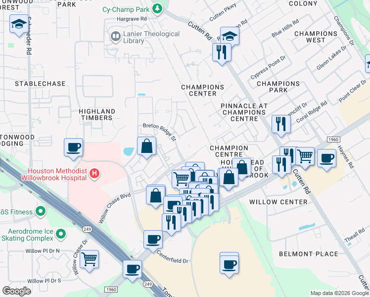 map of restaurants, bars, coffee shops, grocery stores, and more near 13500 Breton Ridge Street in Houston