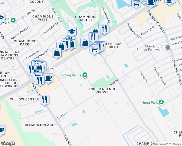 map of restaurants, bars, coffee shops, grocery stores, and more near 12686 Shiloh Church Road in Houston