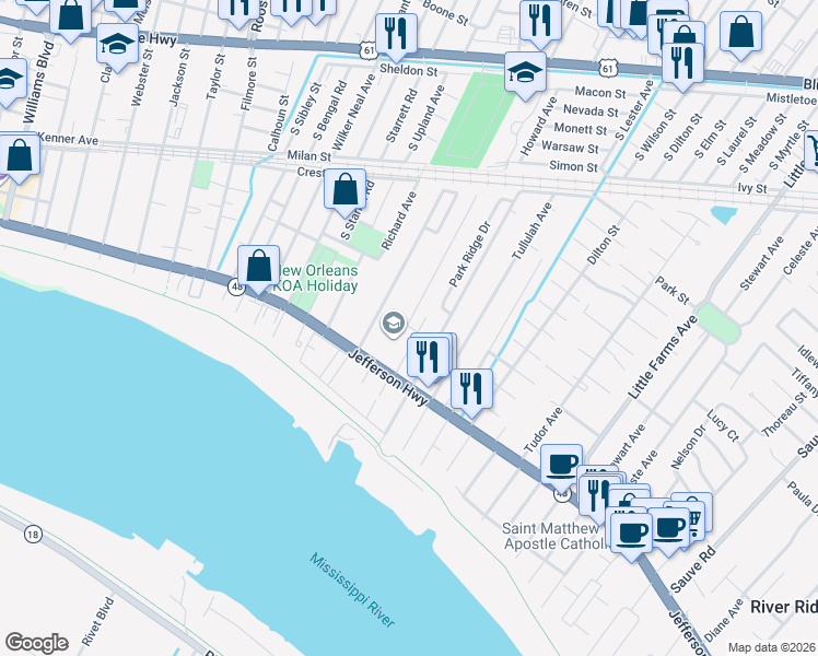 map of restaurants, bars, coffee shops, grocery stores, and more near 300 Sophia Street in River Ridge