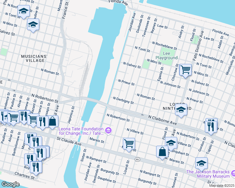 map of restaurants, bars, coffee shops, grocery stores, and more near 1724 Deslonde Street in New Orleans