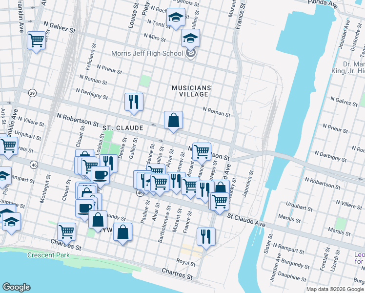 map of restaurants, bars, coffee shops, grocery stores, and more near 3925 North Robertson Street in New Orleans