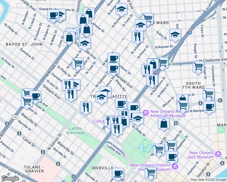 map of restaurants, bars, coffee shops, grocery stores, and more near 1132 North Prieur Street in New Orleans