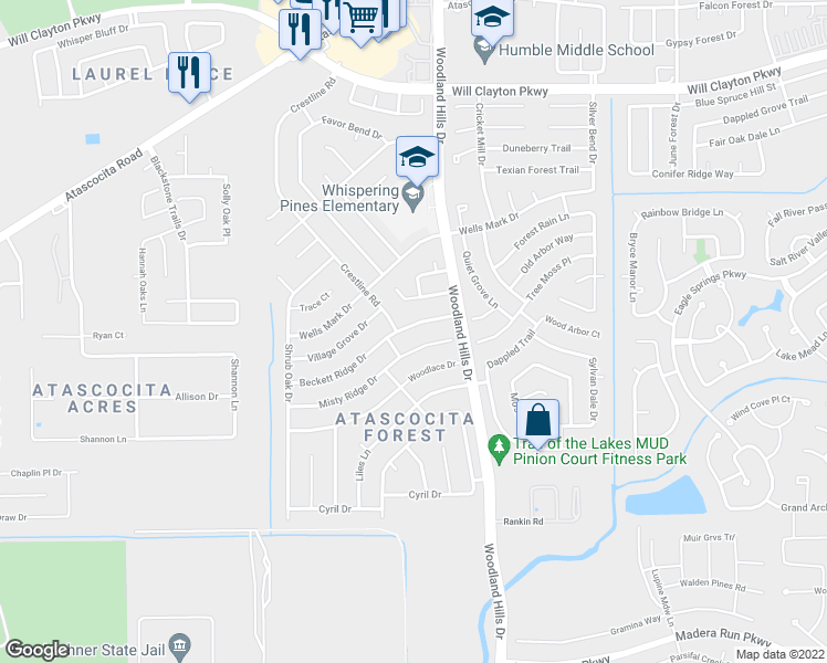 map of restaurants, bars, coffee shops, grocery stores, and more near 3818 Beckett Ridge Drive in Humble