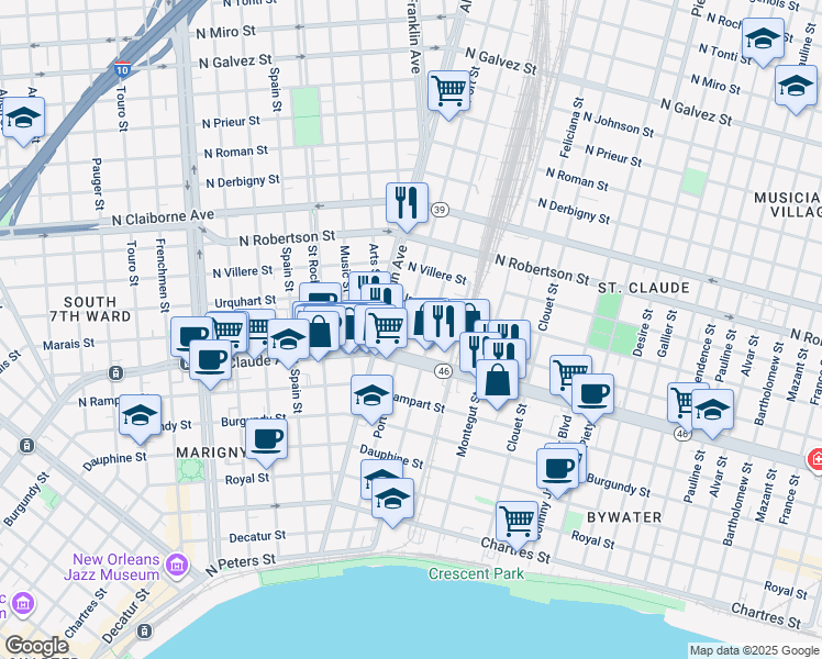 map of restaurants, bars, coffee shops, grocery stores, and more near 2705 Marais Street in New Orleans