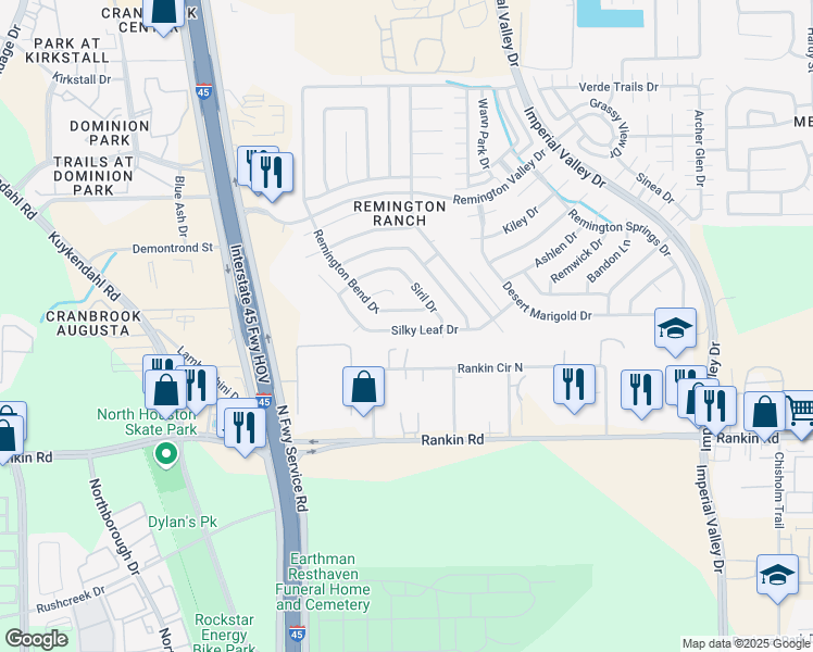 map of restaurants, bars, coffee shops, grocery stores, and more near 427 Silky Leaf Drive in Houston