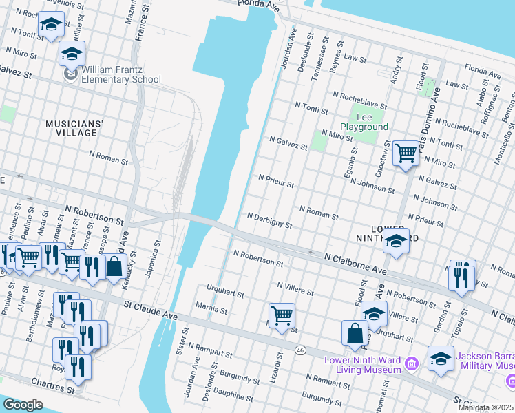 map of restaurants, bars, coffee shops, grocery stores, and more near 1724 Deslonde Street in New Orleans
