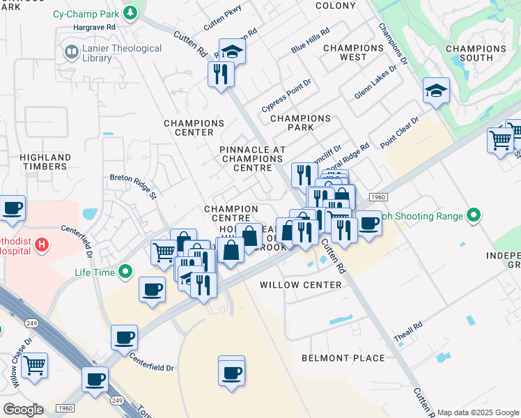 map of restaurants, bars, coffee shops, grocery stores, and more near 13222 Champions Centre Drive in Houston