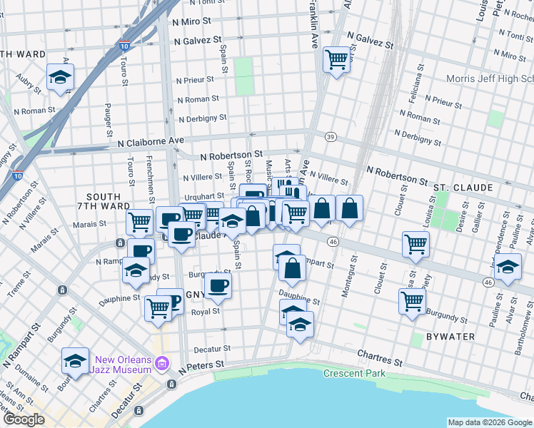 map of restaurants, bars, coffee shops, grocery stores, and more near 2500 Marais Street in New Orleans