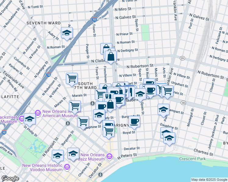 map of restaurants, bars, coffee shops, grocery stores, and more near 1204 Louisiana 46 in New Orleans