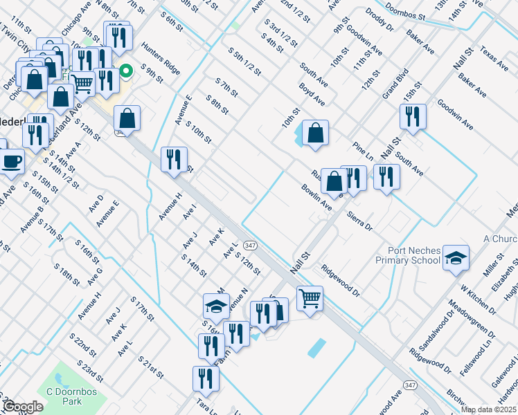 map of restaurants, bars, coffee shops, grocery stores, and more near 1216 Van Ave in Port Neches
