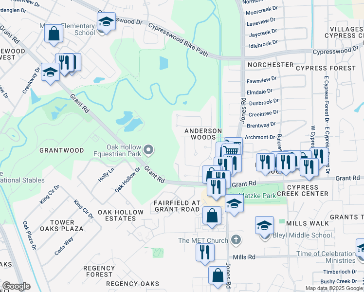 map of restaurants, bars, coffee shops, grocery stores, and more near 13515 Elmsgrove Lane in Houston