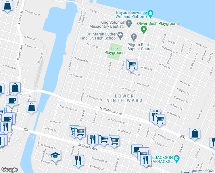 map of restaurants, bars, coffee shops, grocery stores, and more near 5316 North Prieur Street in New Orleans