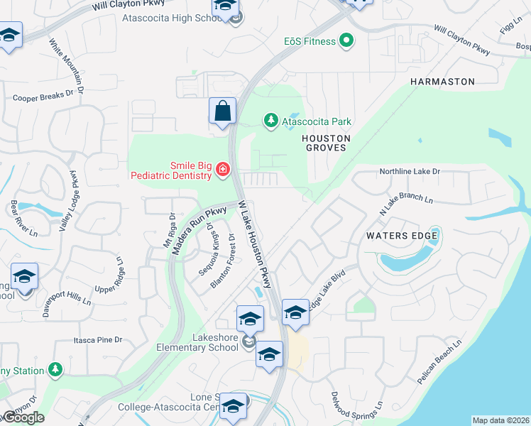 map of restaurants, bars, coffee shops, grocery stores, and more near 16702 West Lake Houston Parkway in Humble
