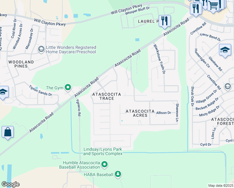 map of restaurants, bars, coffee shops, grocery stores, and more near 17303 Wigeon Way Drive in Humble