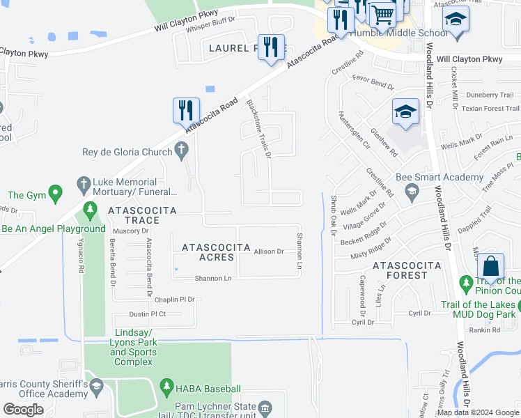 map of restaurants, bars, coffee shops, grocery stores, and more near 3134 Barton Sky Drive in Humble