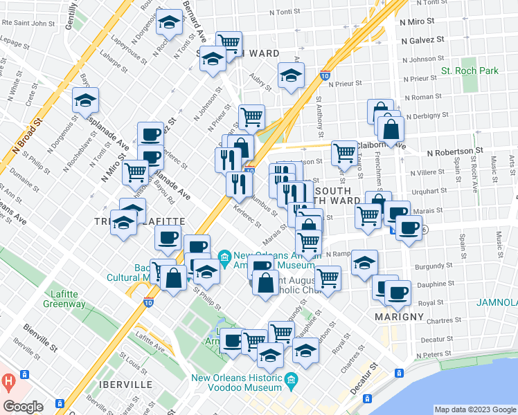 map of restaurants, bars, coffee shops, grocery stores, and more near 1475 North Villere Street in New Orleans
