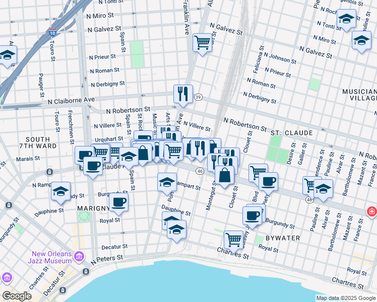 map of restaurants, bars, coffee shops, grocery stores, and more near 1222 Saint Ferdinand Street in New Orleans