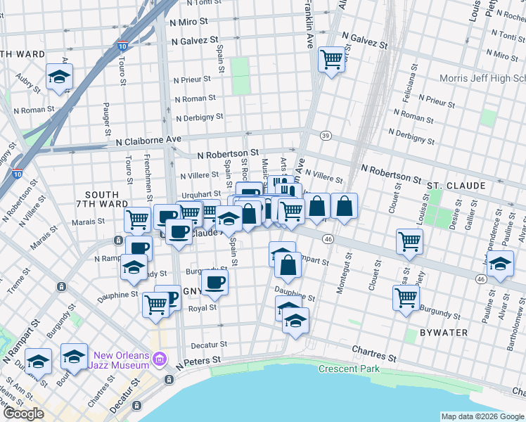 map of restaurants, bars, coffee shops, grocery stores, and more near 2500 Marais Street in New Orleans