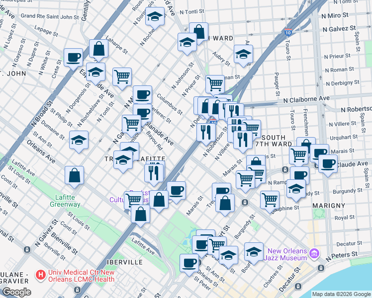 map of restaurants, bars, coffee shops, grocery stores, and more near in New Orleans
