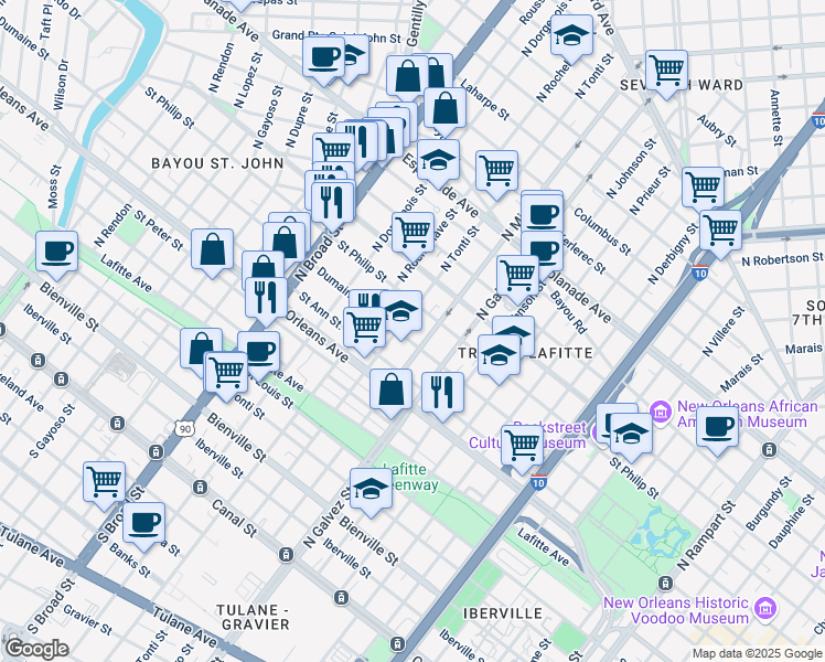 map of restaurants, bars, coffee shops, grocery stores, and more near in New Orleans
