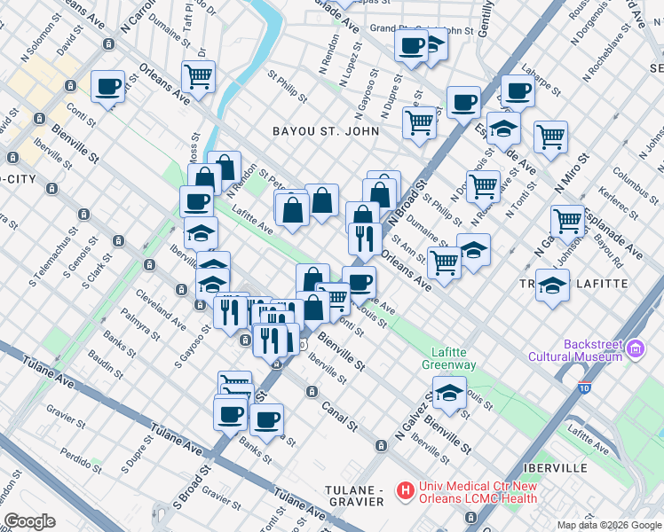 map of restaurants, bars, coffee shops, grocery stores, and more near 2760 North White Street in New Orleans