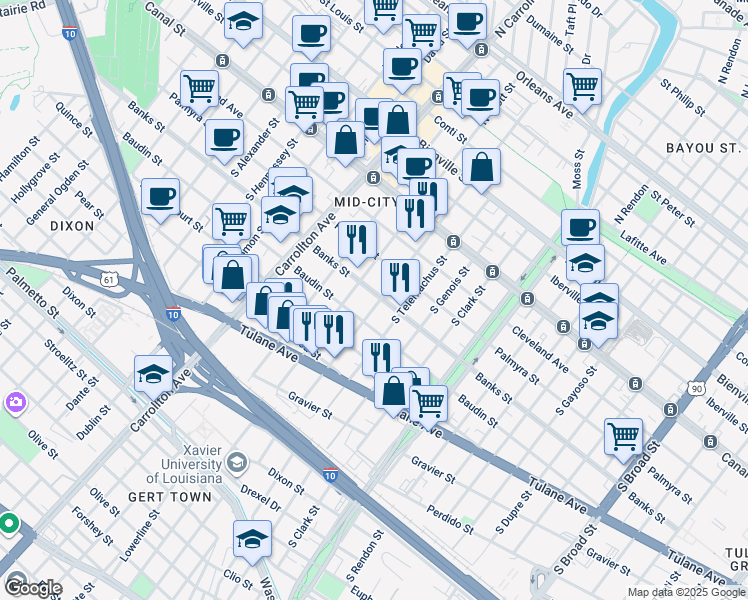 map of restaurants, bars, coffee shops, grocery stores, and more near 3816 Banks Street in New Orleans