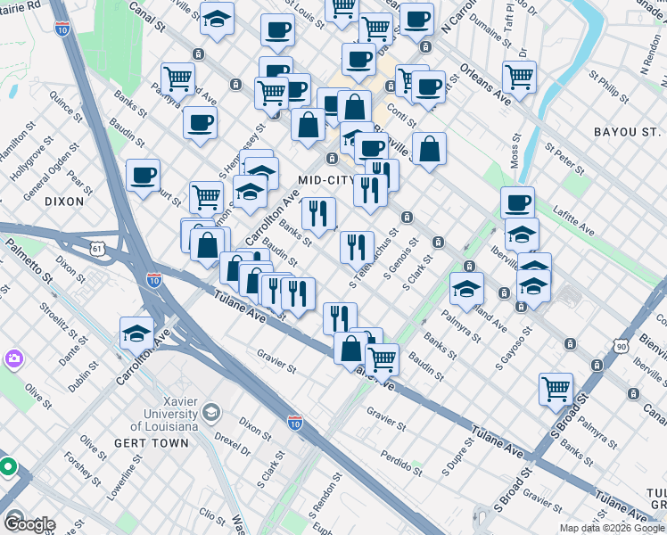 map of restaurants, bars, coffee shops, grocery stores, and more near 3816 Banks Street in New Orleans