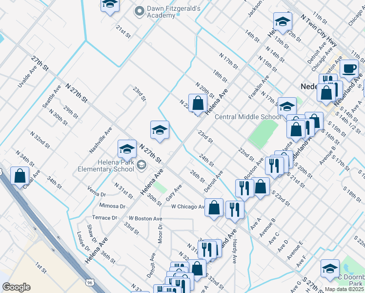 map of restaurants, bars, coffee shops, grocery stores, and more near 2519 Helena Avenue in Nederland