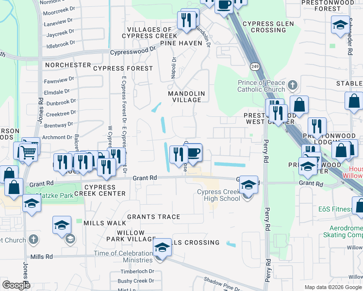 map of restaurants, bars, coffee shops, grocery stores, and more near 10310 Thornmont Lane in Houston